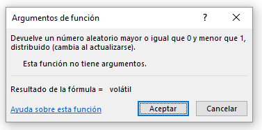 Argumentos de la función aleatorio. La función aleatorio es una la función mas fácil que nos puede ofrecer Excel para generar números aleatorios en Excel, esta función solo puede generar números aleatorios entre 0 y 1, pero sin incluirlos.