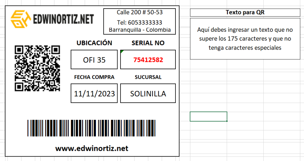 Generador de Etiquetas para inventario de activos fijos en Excel con QR y Códigos de Barras